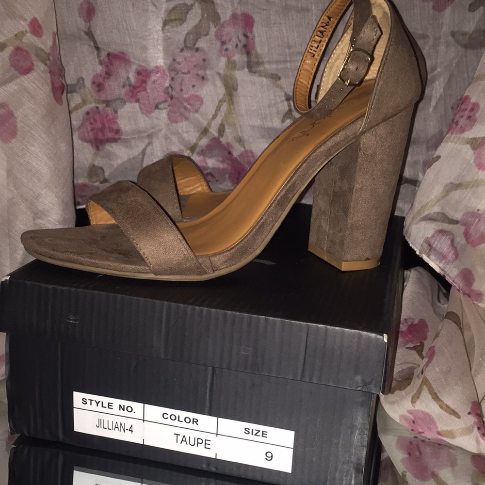 Taupe block heels by Betani Footwear.
